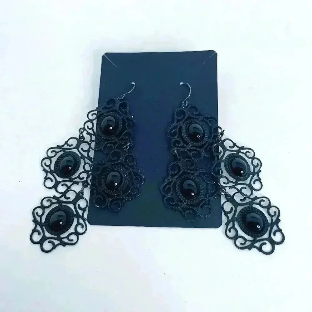 Black Gothic Drop Earrings Statement Dark Halloween Grunge Punk